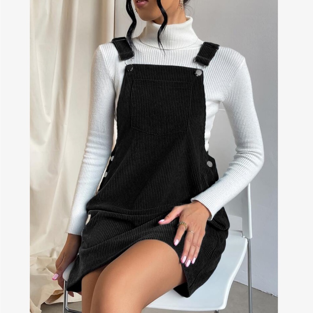 Classic Elegant Corduroy Solid Pocket Jumper Overall Dress Without Sweater - Picture 1 of 15